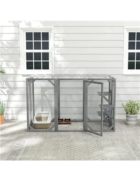 PawHut 71" Outdoor Wooden Cat House with Three Platforms, Large Door, Water-Resistant Roof, for Multiple Cats, Grey