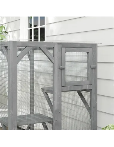 PawHut 71" Outdoor Wooden Cat House with Three Platforms, Large Door, Water-Resistant Roof, for Multiple Cats, Grey