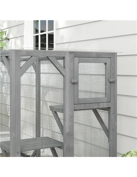 PawHut 71" Outdoor Wooden Cat House with Three Platforms, Large Door, Water-Resistant Roof, for Multiple Cats, Grey