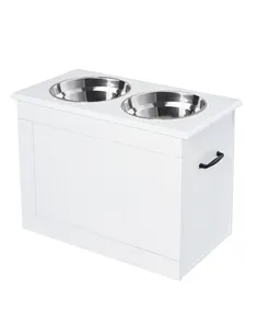 PawHut Raised Dog Bowls, with Storage, Two Stainless Steel Bowls, Elevated Base - White