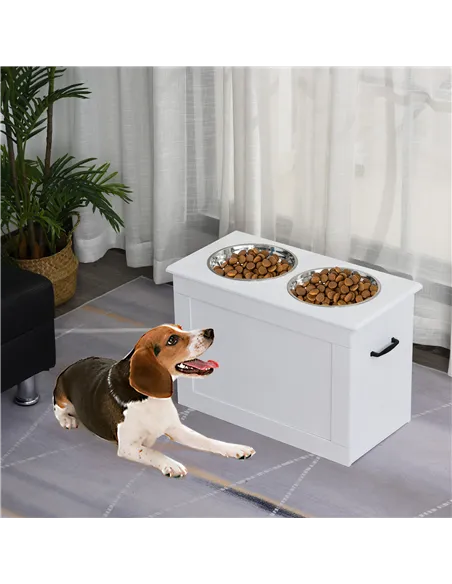 PawHut Raised Dog Bowls, with Storage, Two Stainless Steel Bowls, Elevated Base - White