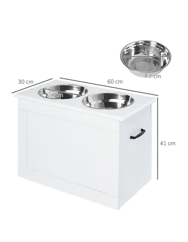 PawHut Raised Dog Bowls, with Storage, Two Stainless Steel Bowls, Elevated Base - White