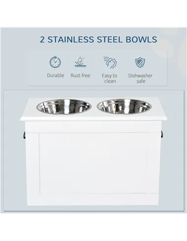 PawHut Raised Dog Bowls, with Storage, Two Stainless Steel Bowls, Elevated Base - White