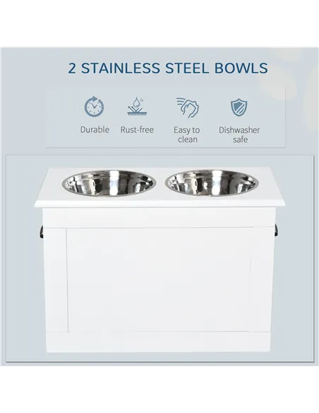 PawHut Raised Dog Bowls, with Storage, Two Stainless Steel Bowls, Elevated Base - White