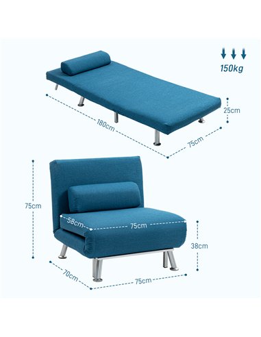 HOMCOM Single Linen-Look Sleeper Chair - Blue