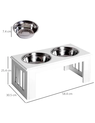 PawHut Raised Dog Feeding Bowls with Stand, Stainless Steel for Medium Dog, 58L x 31W x 25H cm - White