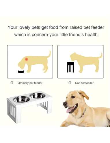PawHut Raised Dog Feeding Bowls with Stand, Stainless Steel for Medium Dog, 58L x 31W x 25H cm - White