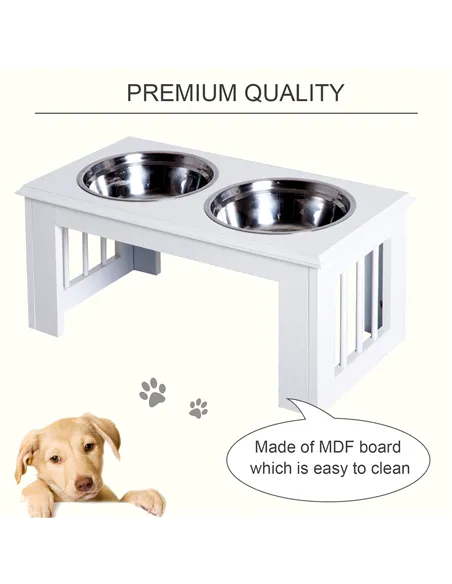 PawHut Raised Dog Feeding Bowls with Stand, Stainless Steel for Medium Dog, 58L x 31W x 25H cm - White