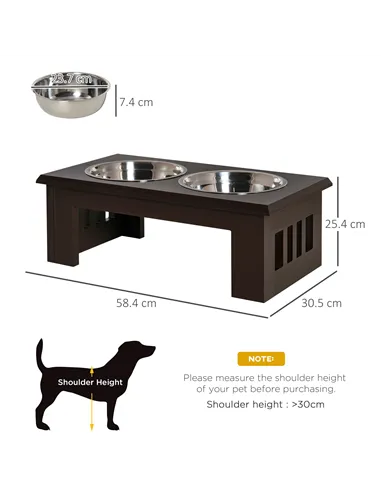PawHut Raised Dog Feeding Bowls with Stand, Stainless Steel for Medium Dog, 58L x 31W x 25H cm - Brown