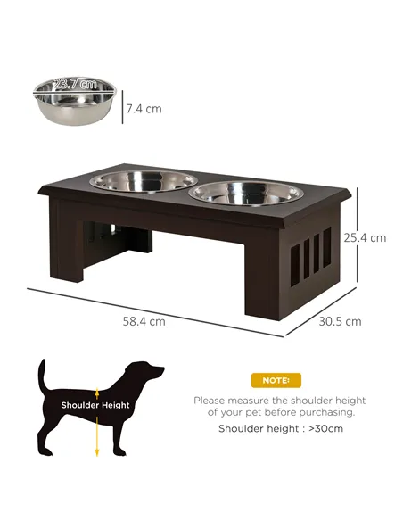PawHut Raised Dog Feeding Bowls with Stand, Stainless Steel for Medium Dog, 58L x 31W x 25H cm - Brown