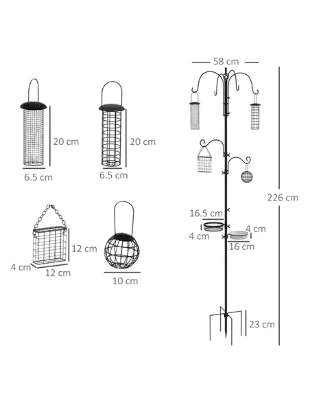 Pawhut Bird Feeding Station Kit, Wild Bird Feeder Pole with 6 Hooks, 4 Hanging Feeders for Peanuts, Seed, Fat Balls, for Garden,