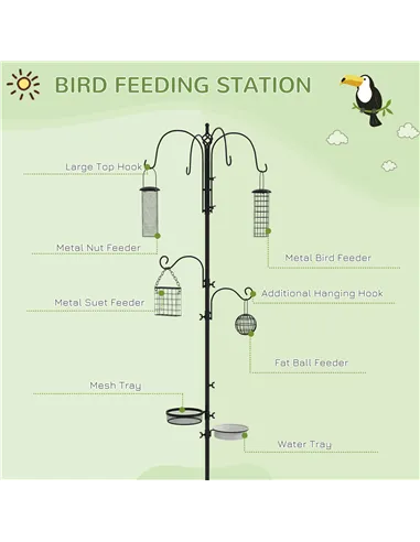 Pawhut Bird Feeding Station Kit, Wild Bird Feeder Pole with 6 Hooks, 4 Hanging Feeders for Peanuts, Seed, Fat Balls, for Garden,