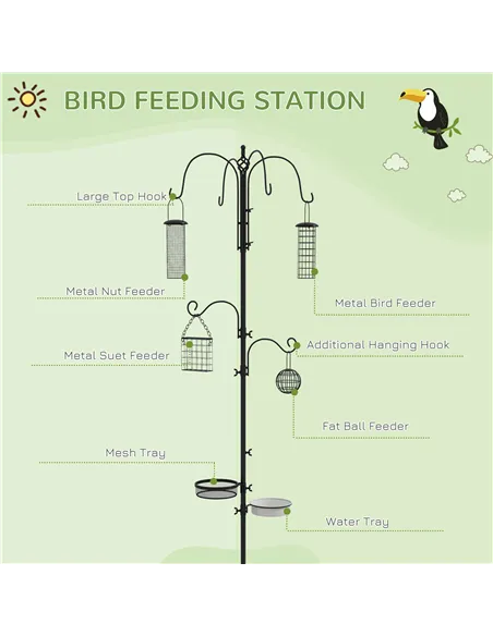 Pawhut Bird Feeding Station Kit, Wild Bird Feeder Pole with 6 Hooks, 4 Hanging Feeders for Peanuts, Seed, Fat Balls, for Garden,
