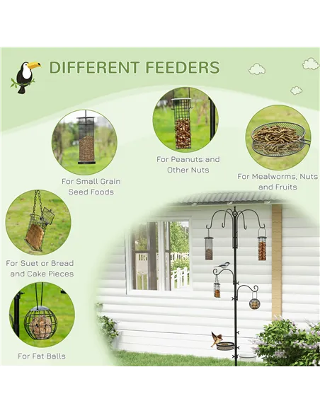 Pawhut Bird Feeding Station Kit, Wild Bird Feeder Pole with 6 Hooks, 4 Hanging Feeders for Peanuts, Seed, Fat Balls, for Garden,