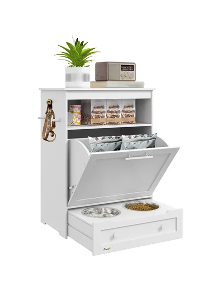 PawHut Pet Feeder Station, Dog, Cat Storage Container, with Raised Bowls, Hanger, Cabinet - White