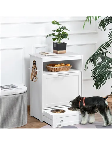PawHut Pet Feeder Station, Dog, Cat Storage Container, with Raised Bowls, Hanger, Cabinet - White