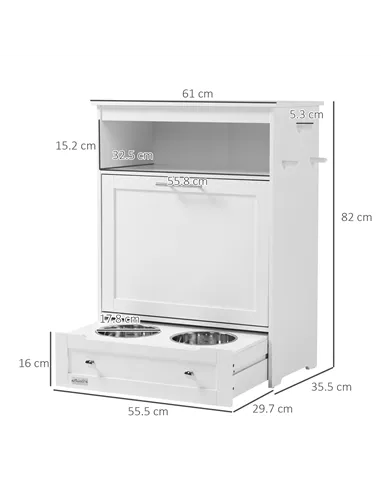 PawHut Pet Feeder Station, Dog, Cat Storage Container, with Raised Bowls, Hanger, Cabinet - White