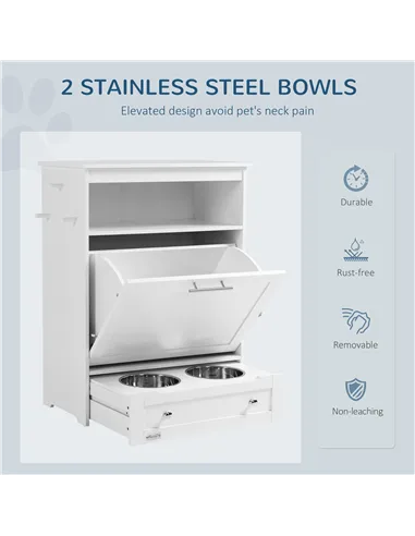 PawHut Pet Feeder Station, Dog, Cat Storage Container, with Raised Bowls, Hanger, Cabinet - White