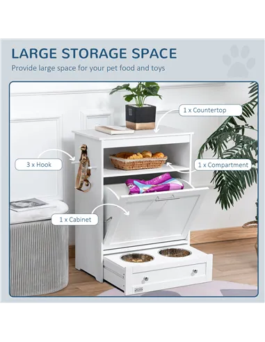 PawHut Pet Feeder Station, Dog, Cat Storage Container, with Raised Bowls, Hanger, Cabinet - White