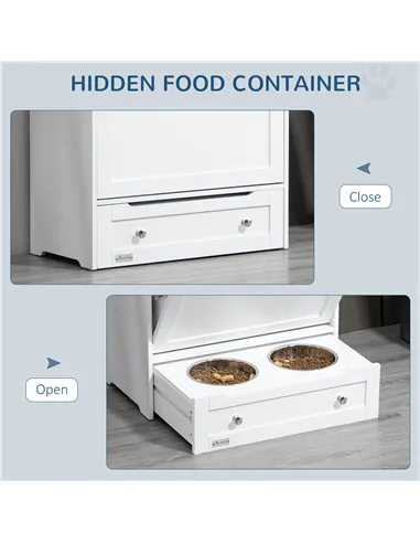 PawHut Pet Feeder Station, Dog, Cat Storage Container, with Raised Bowls, Hanger, Cabinet - White