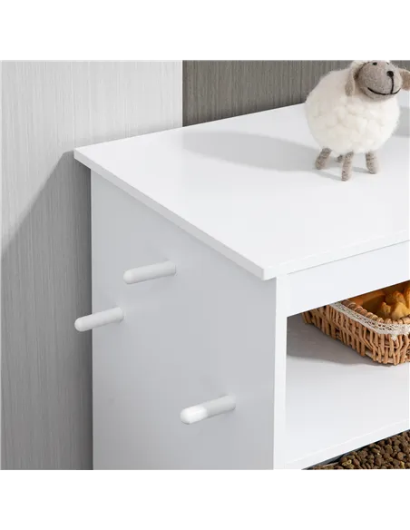 PawHut Pet Feeder Station, Dog, Cat Storage Container, with Raised Bowls, Hanger, Cabinet - White