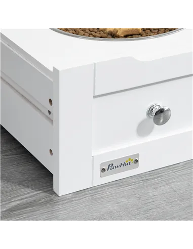 PawHut Pet Feeder Station, Dog, Cat Storage Container, with Raised Bowls, Hanger, Cabinet - White
