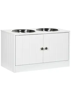 PawHut Raised Pet Feeder, with Two Bowls, Storage - White