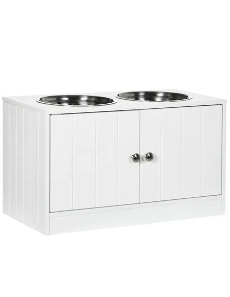 PawHut Raised Pet Feeder, with Two Bowls, Storage - White