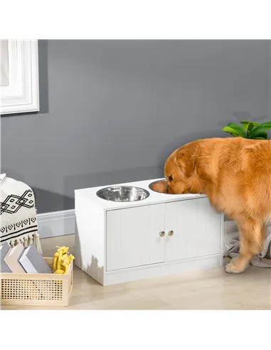 PawHut Raised Pet Feeder, with Two Bowls, Storage - White