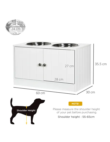 PawHut Raised Pet Feeder, with Two Bowls, Storage - White