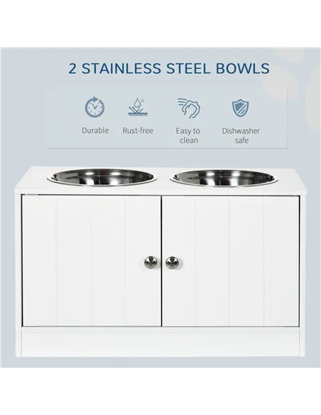 PawHut Raised Pet Feeder, with Two Bowls, Storage - White