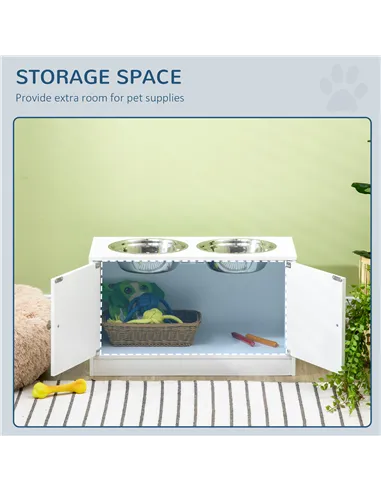 PawHut Raised Pet Feeder, with Two Bowls, Storage - White