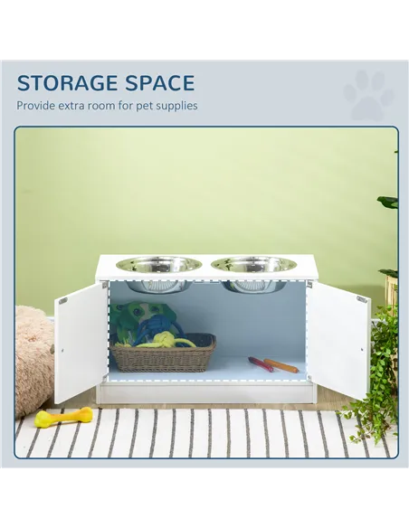 PawHut Raised Pet Feeder, with Two Bowls, Storage - White