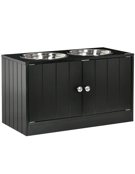 PawHut Raised Pet Feeder, with Two Bowls, Storage - Black