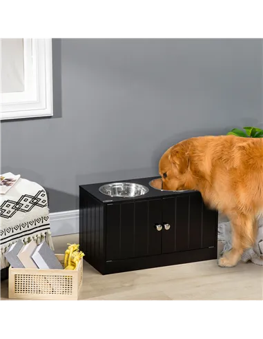 PawHut Raised Pet Feeder, with Two Bowls, Storage - Black