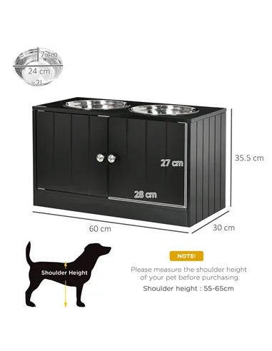 PawHut Raised Pet Feeder, with Two Bowls, Storage - Black