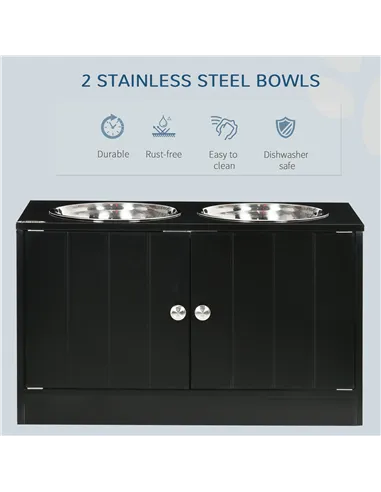 PawHut Raised Pet Feeder, with Two Bowls, Storage - Black