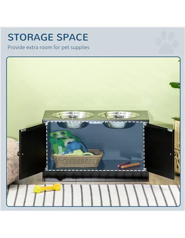 PawHut Raised Pet Feeder, with Two Bowls, Storage - Black