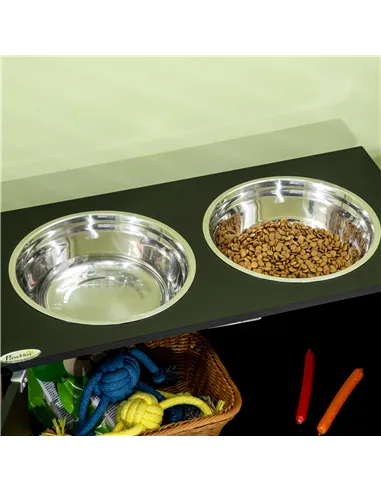 PawHut Raised Pet Feeder, with Two Bowls, Storage - Black