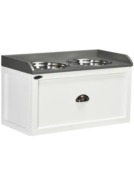 PawHut Stainless Steel Raised Dog Bowls, with 21L Storage Drawer for Large Dogs and Cats - White