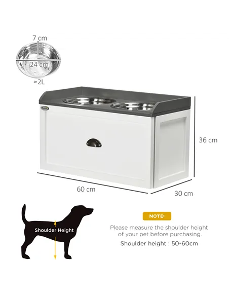 PawHut Stainless Steel Raised Dog Bowls, with 21L Storage Drawer for Large Dogs and Cats - White