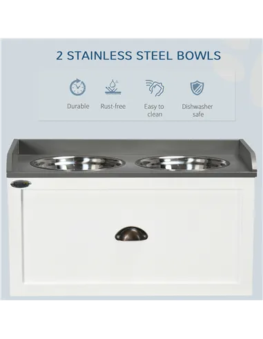 PawHut Stainless Steel Raised Dog Bowls, with 21L Storage Drawer for Large Dogs and Cats - White