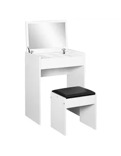 HOMCOM Dressing Table with Mirror and Stool, Vanity Makeup Table with Flip Up Mirror, Vanity Desk with Storage Unit and Padded S