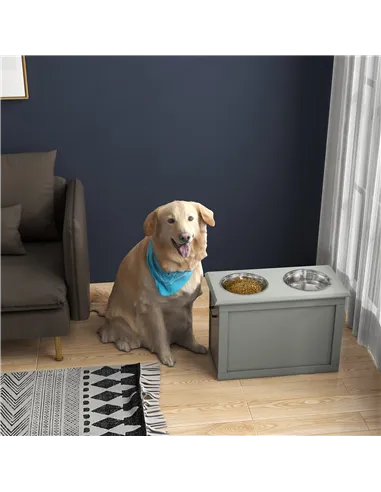 PawHut Raised Dog Bowls, with Storage, Two Stainless Steel Bowls, Elevated Base - Grey