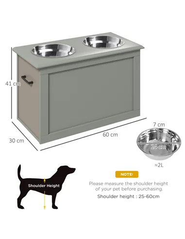 PawHut Raised Dog Bowls, with Storage, Two Stainless Steel Bowls, Elevated Base - Grey