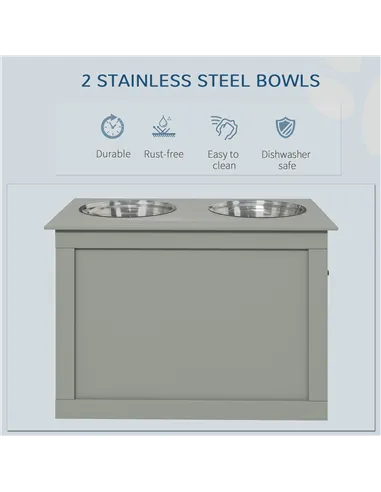 PawHut Raised Dog Bowls, with Storage, Two Stainless Steel Bowls, Elevated Base - Grey