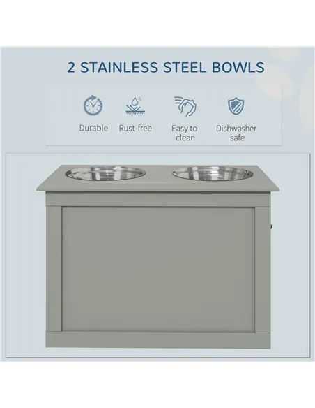 PawHut Raised Dog Bowls, with Storage, Two Stainless Steel Bowls, Elevated Base - Grey