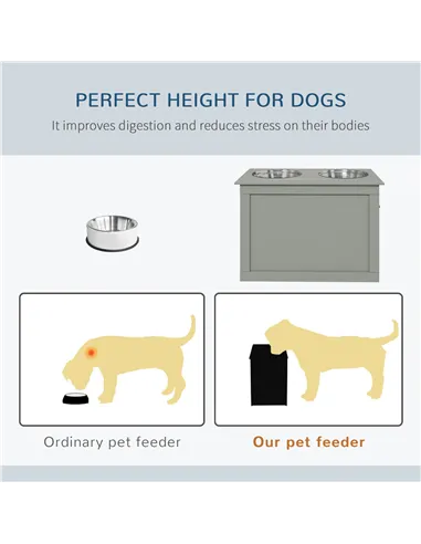 PawHut Raised Dog Bowls, with Storage, Two Stainless Steel Bowls, Elevated Base - Grey