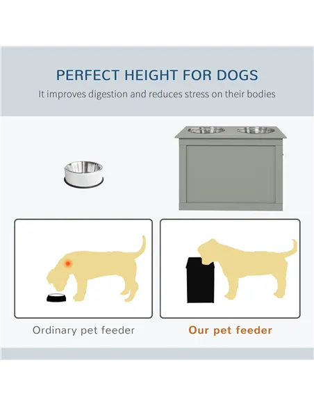 PawHut Raised Dog Bowls, with Storage, Two Stainless Steel Bowls, Elevated Base - Grey