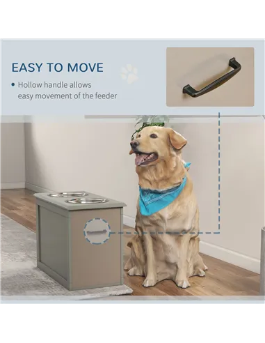 PawHut Raised Dog Bowls, with Storage, Two Stainless Steel Bowls, Elevated Base - Grey